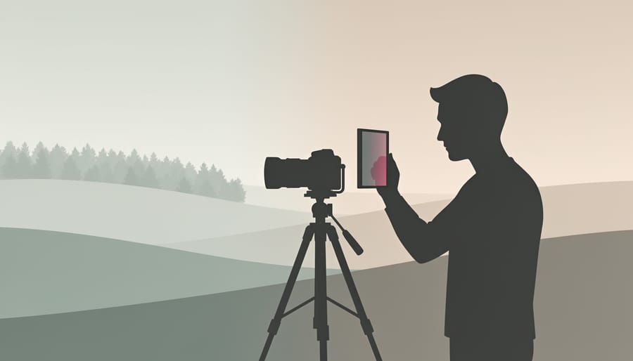Photographer holding a DSLR camera with an infrared filter outdoors near trees and a cloudy sky.