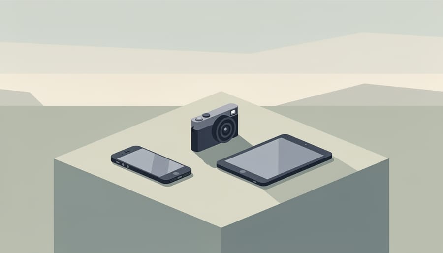 Wearable cameras placed on grass outdoors near a backpack