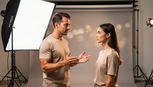 "Portrait photography course scene in a studio: an instructor coaching a student beside a softbox light for expressive portrait posing."