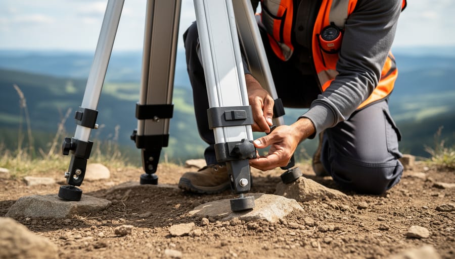 Tripod standing securely on uneven ground with leg locks engaged while a photographer prepares to lift using the upper grip area.