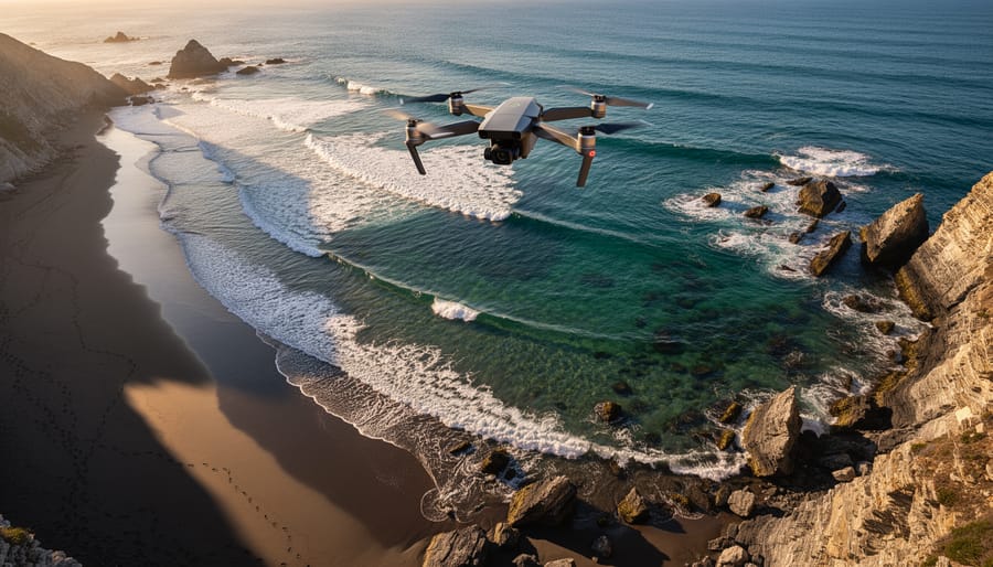 Quadcopter hovering above a coastal landscape during golden hour with ocean waves and cliffs below