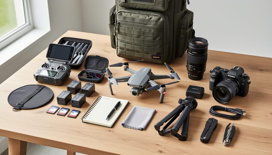 Quadcopter photography gear laid out including the drone, gimbal camera, spare propellers, ND filter case, and landing pad