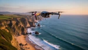 A quadcopter drone hovering above coastal cliffs and ocean during golden hour with warm sunset light and cinematic aerial perspective.