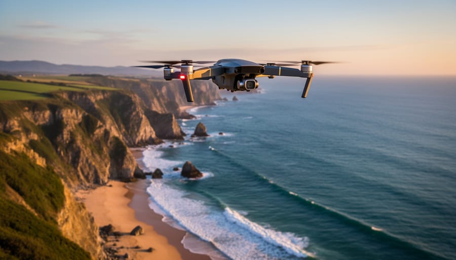 A quadcopter drone hovering above coastal cliffs and ocean during golden hour with warm sunset light and cinematic aerial perspective.