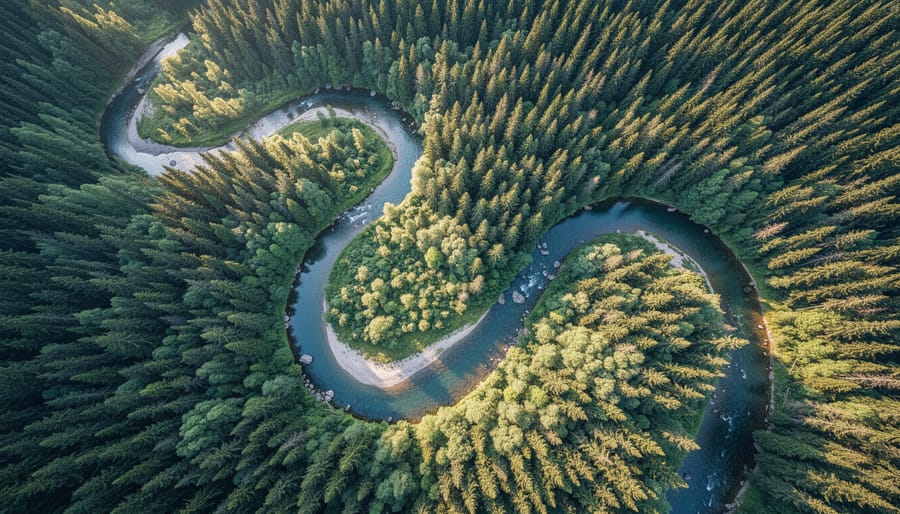 Quadcopter flying over a forest canopy with a river winding below during golden hour