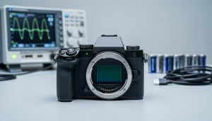 A modern mirrorless camera on a studio workbench under soft diffused lighting, with blurred lab equipment and power components in the background to suggest CMOS sensor efficiency.