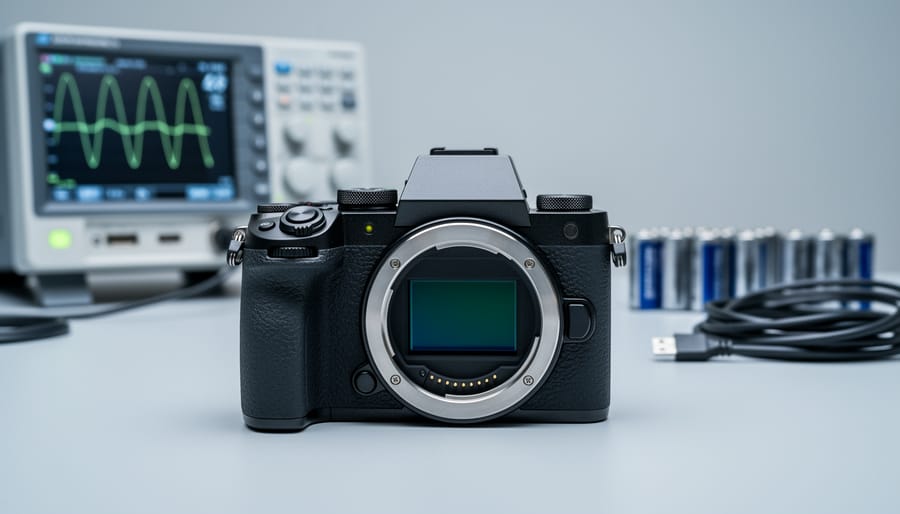 A modern mirrorless camera on a studio workbench under soft diffused lighting, with blurred lab equipment and power components in the background to suggest CMOS sensor efficiency.