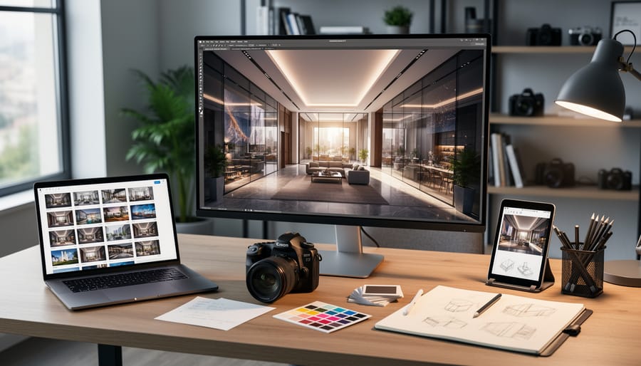 A photographer at a desk reviewing a 3D-rendered interior scene on a monitor