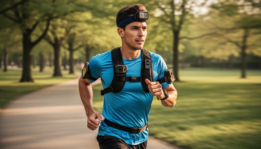 Runner with a shoulder-mounted wearable camera moving through a park