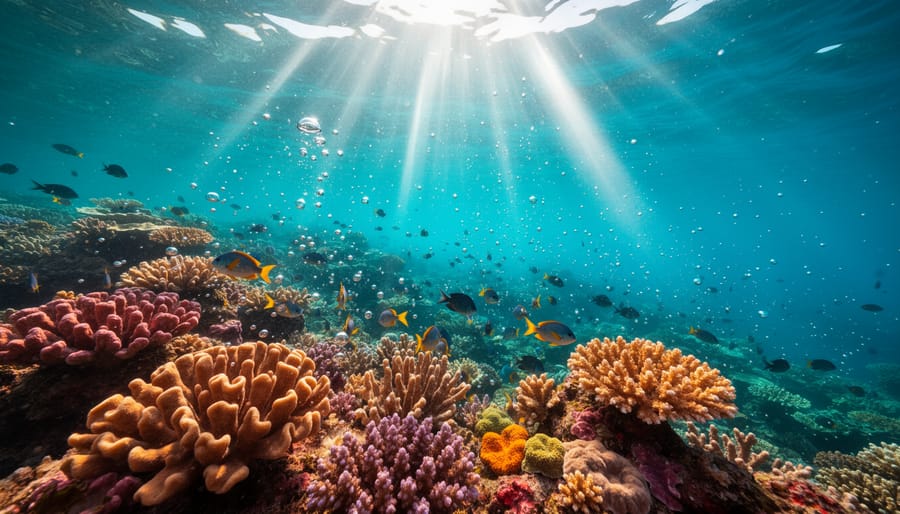 Scuba diver filming underwater near a sunlit reef with sunlight rays and fish in the background.