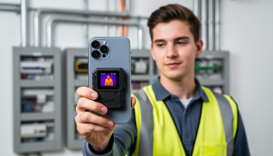 New inspector using a Seek Compact Advanced thermal camera near crawlspace insulation.