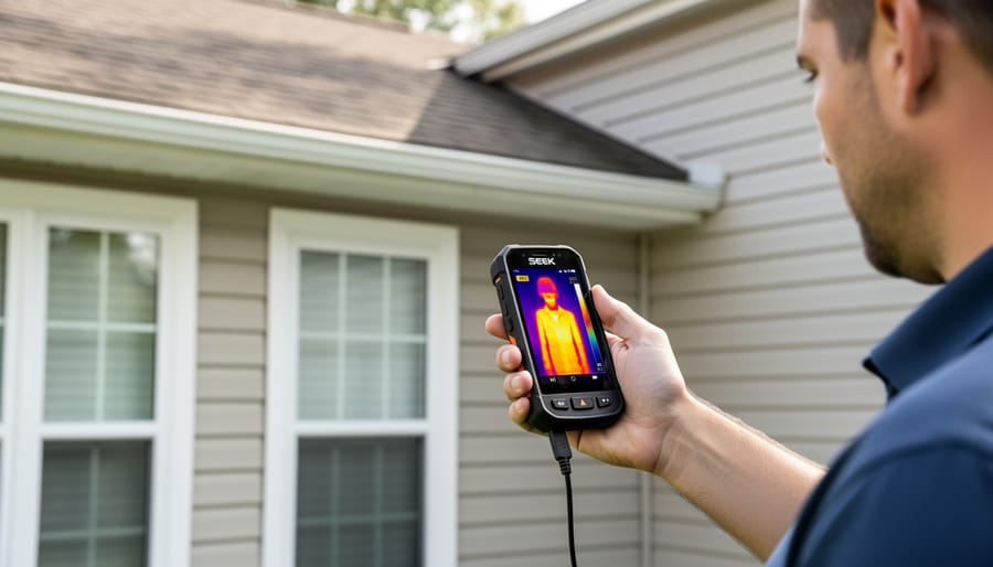 Inspector using a Seek Compact Pro thermal camera near a drywall wall during a home inspection.
