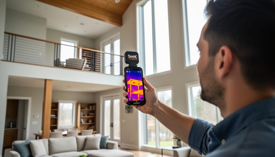 Seek CompactXR thermal camera pointed into a tall basement stairwell for extended-range inspection.