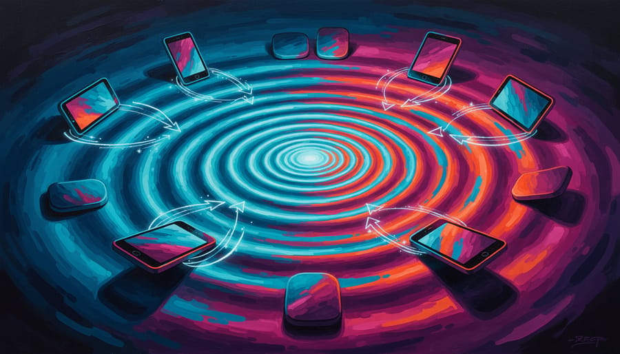 Abstract image showing a central bright light creating evenly spaced ripples on a reflective metal surface.