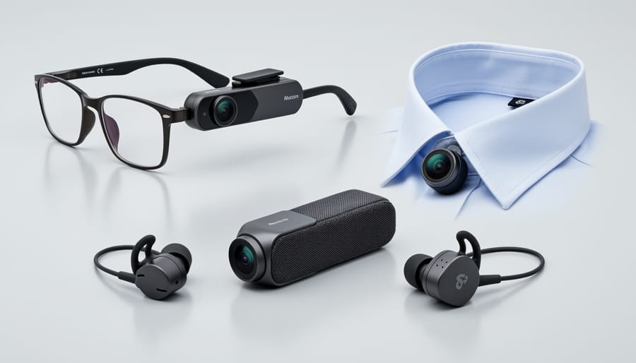 Smart glasses and audio accessories on a workbench in soft daylight
