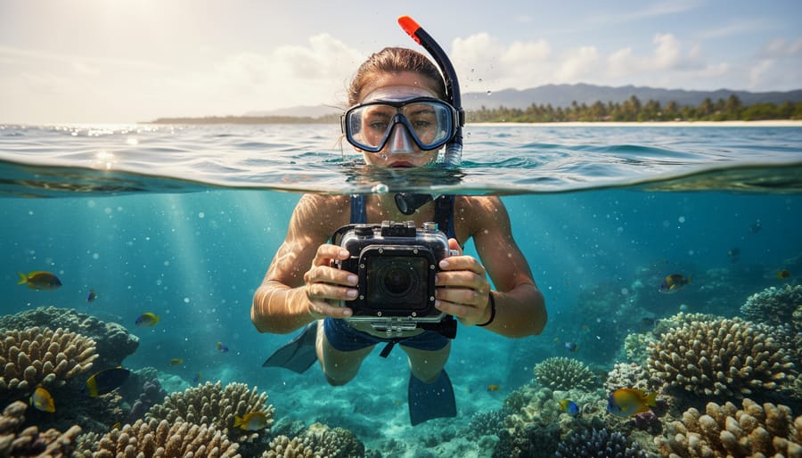 Snorkeler at the waterline holding an underwater camera with a sunlit reef in the background.
