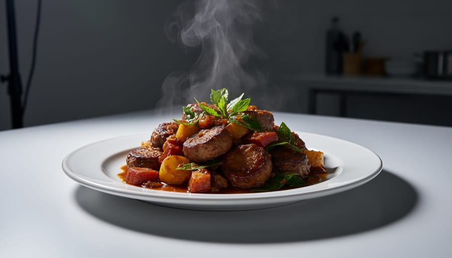 Top-down view of a steaming skillet stew with bubbling edges and moody, directional light on a dark linen background.
