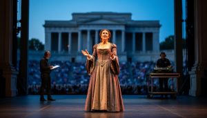 Performer in costume under warm theatrical spotlights at the Stratford Festival stage during dusk, with blurred director and lighting designer near the wings and a softly lit audience in the background.