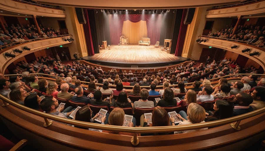 Actors in period costumes performing on the Stratford Festival stage under warm theatrical spotlights