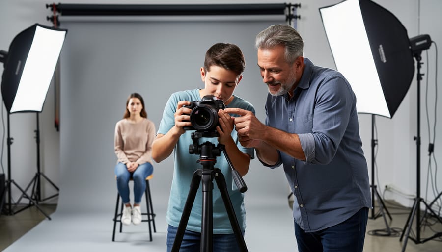 Photographer adjusting a subject’s pose during a guided portrait session in a studio.