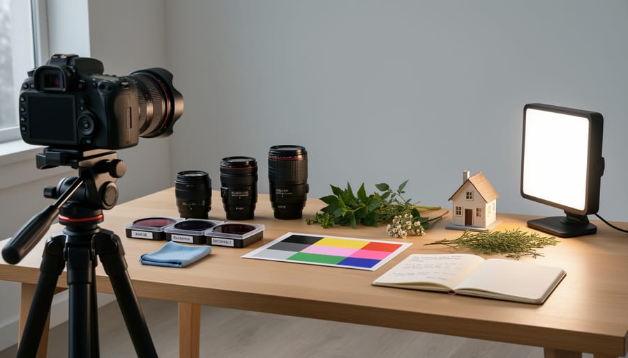 Top-down tabletop test setup with an infrared screw filter, lens hood, foliage, and a camera body