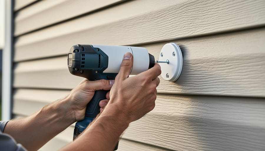 Technician installing an outdoor security camera on brick siding