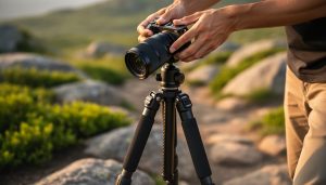 Close-up of hands gripping the tripod’s center column/apex while lifting a camera tripod safely in an outdoor setting during golden hour.