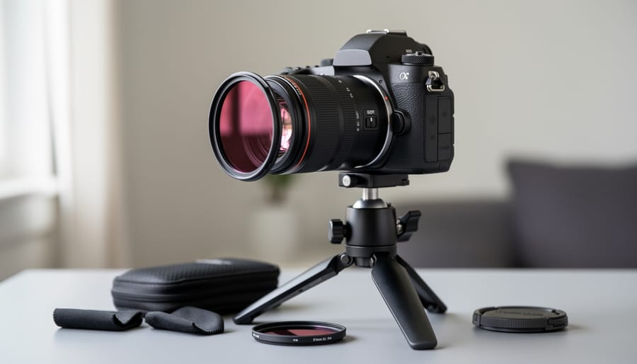 Tripod-mounted camera with an infrared filter adapter and IR filter held in gloved hands outdoors