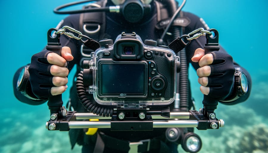Close-up of a mounted underwater action camera with visible housing and secure wrist strap.