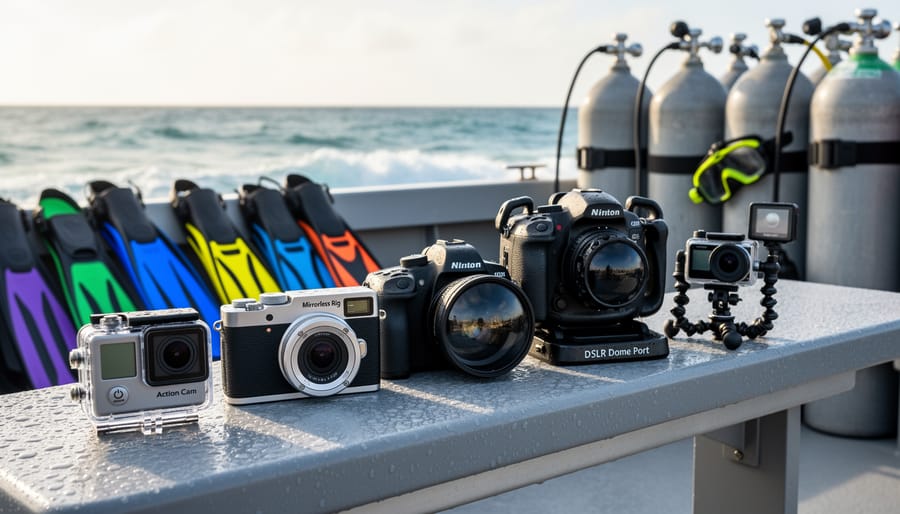 Underwater action camera and point-and-shoot camera placed on a dive boat bench next to snorkeling gear.