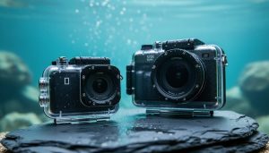 Underwater camera housings on a wet rock with cool blue water and soft bubbles in the background.