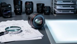 Close-up of a camera lens on a desk with magnifying glass and high-detail patent drawing pages, representing clearer USPTO patent imaging access.