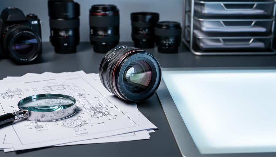 Close-up of a camera lens on a desk with magnifying glass and high-detail patent drawing pages, representing clearer USPTO patent imaging access.