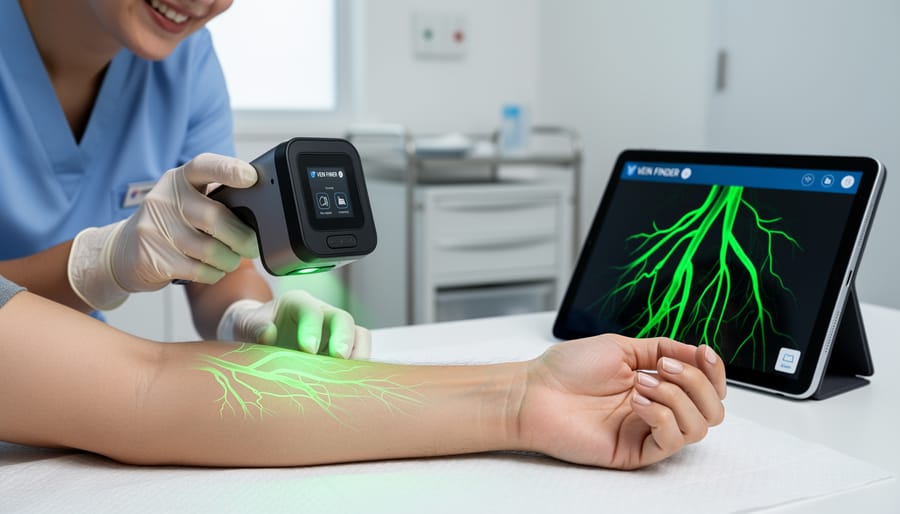 Clinician aiming an imaging device toward a patient’s forearm for vein visualization