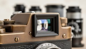 Close-up of a vintage camera viewfinder with reflective glass and brushed metal body, styled with softly blurred film photography gear in the background.