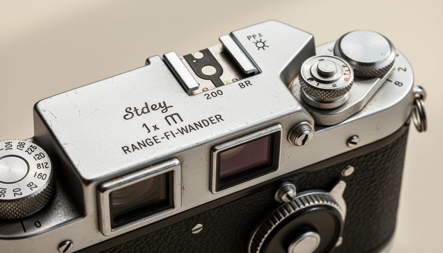 Close-up of a vintage rangefinder camera on a wooden bench showing the viewfinder area