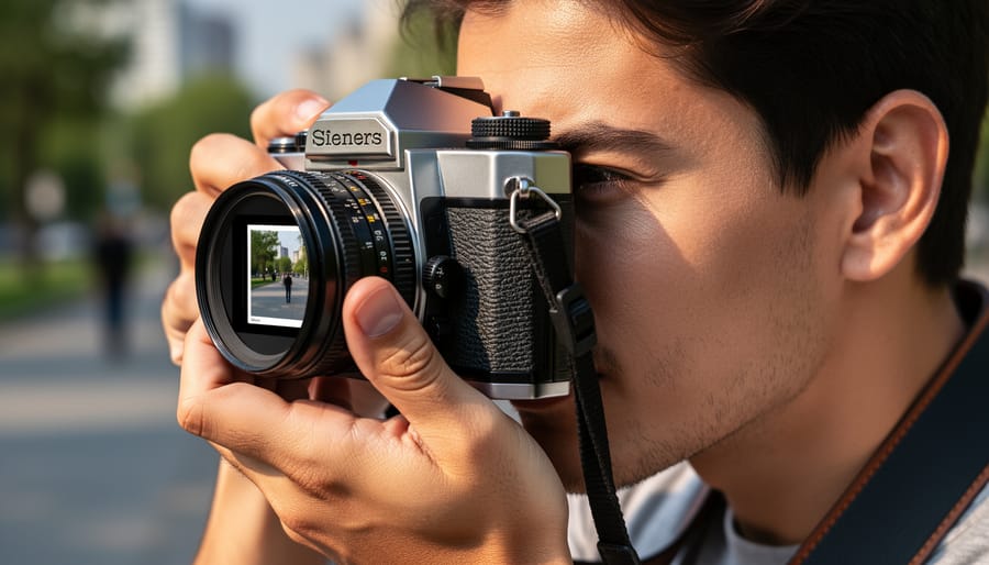 Person holding a vintage SLR camera to their eye in a photo workshop, viewfinder eyepiece prominent
