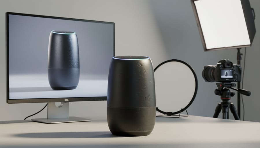 A glass perfume bottle, chrome watch, and folded fabric on a desk photographed with studio lighting in a realistic virtual style