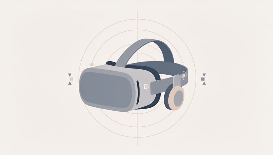 A VR headset placed beside a laptop for reviewing edited 180-degree VR footage.