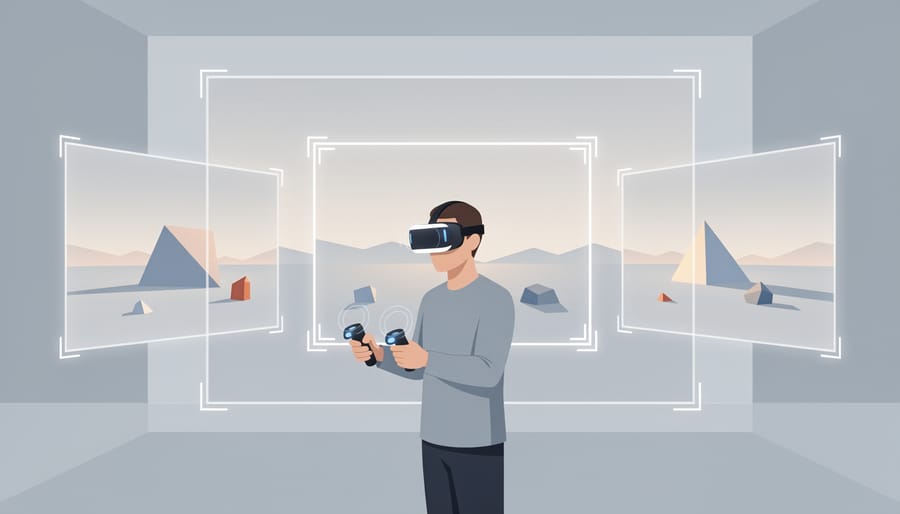 A photographer wearing a VR headset in a studio, framing a scene with a glowing camera-like outline