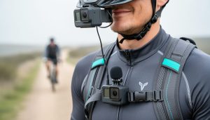 Close-up of a helmet-mounted and chest-mounted wearable camera with an external microphone cable, outdoors under soft daylight.