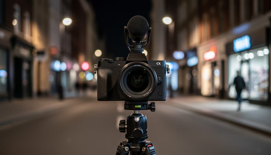 Wearable camera close-up in a dimly lit room with faint night reflections