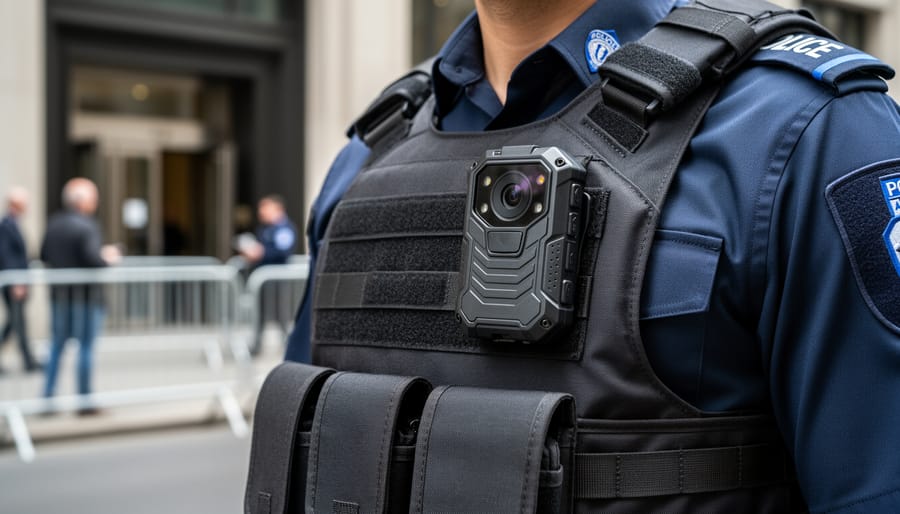 Wearable body camera clipped to a vest in a street security setting
