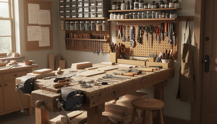 Business owner measuring wood on a workbench in a workshop
