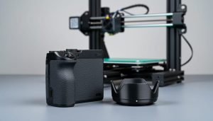 Close-up of a 3D-printed camera grip and lens hood on a tabletop with a desktop 3D printer blurred in the background.
