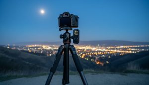 Camera on a sturdy tripod set up at blue hour for a 4K timelapse, overlooking a scenic landscape with distant city lights.