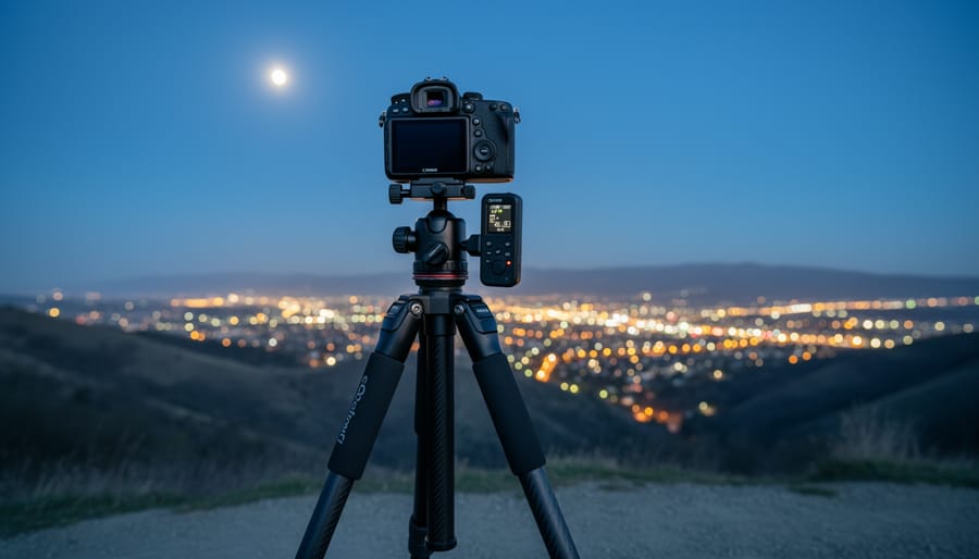 Camera on a sturdy tripod set up at blue hour for a 4K timelapse, overlooking a scenic landscape with distant city lights.