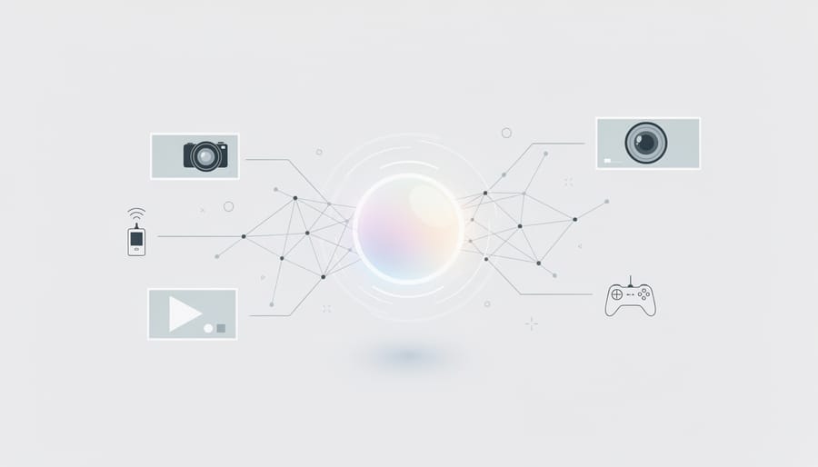 Abstract reflective camera sensor-like orb with electric blue light beams symbolizing 5G-connected imaging innovation.