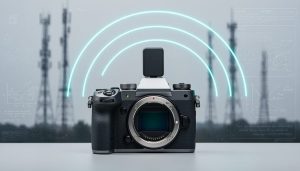 Close-up of a mirrorless camera with glowing wireless signal arcs indicating 5G connectivity, set against a blurred telecom-themed background.