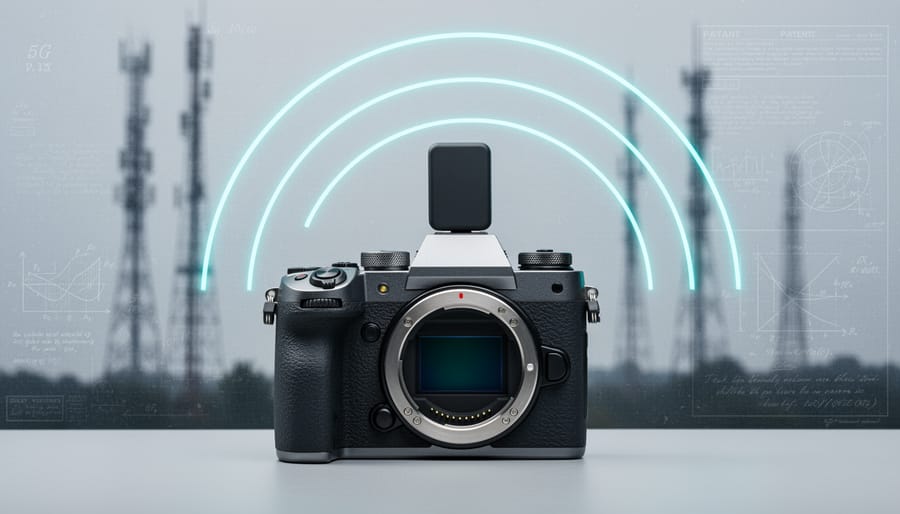Close-up of a mirrorless camera with glowing wireless signal arcs indicating 5G connectivity, set against a blurred telecom-themed background.